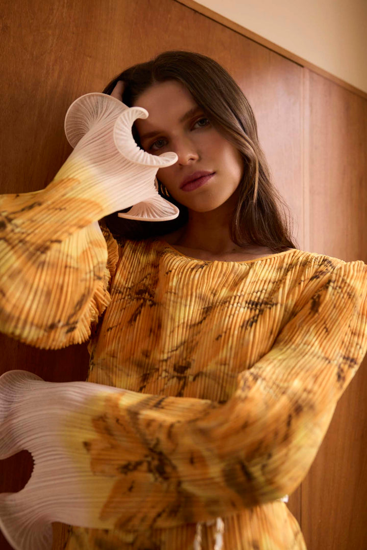 Bathers Flutted Pleat Maxi Dress in Banana