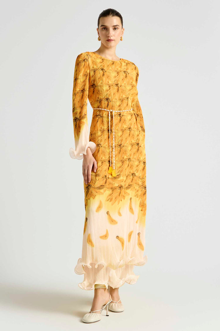 Bathers Flutted Pleat Maxi Dress in Banana