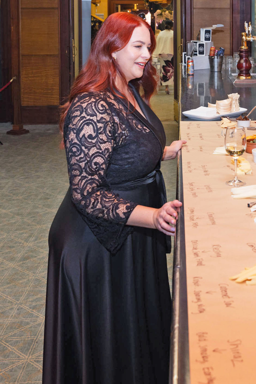 Bella Wrap Dress w Lace Bodice in Black | Satin