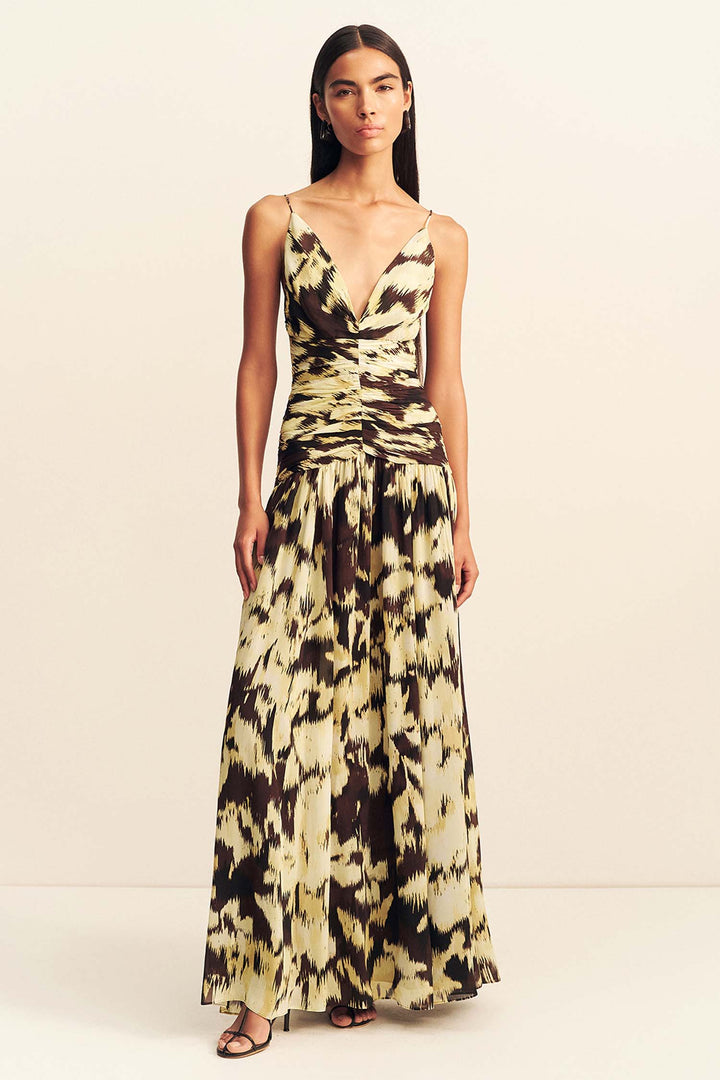 Benny Plunged Gathered Maxi Dress in Ikat Sunglow