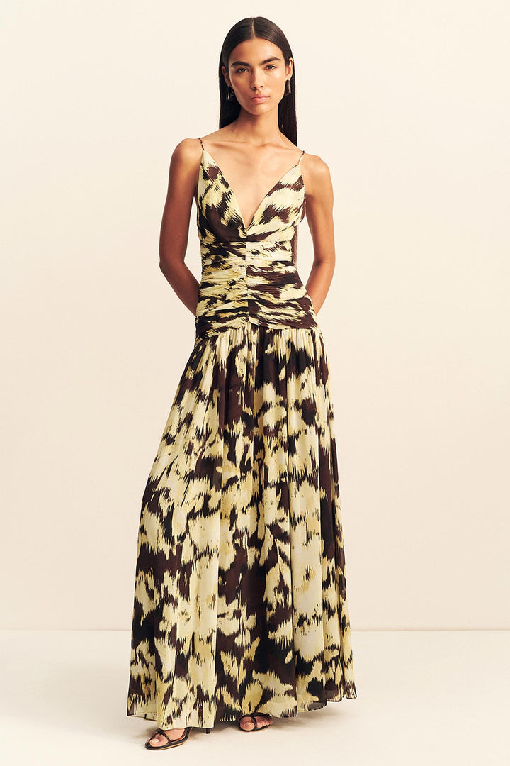 Benny Plunged Gathered Maxi Dress in Ikat Sunglow