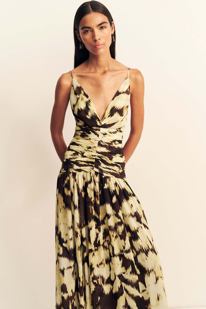 Benny Plunged Gathered Maxi Dress in Ikat Sunglow