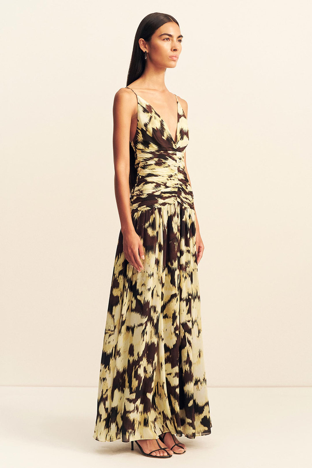 Benny Plunged Gathered Maxi Dress in Ikat Sunglow