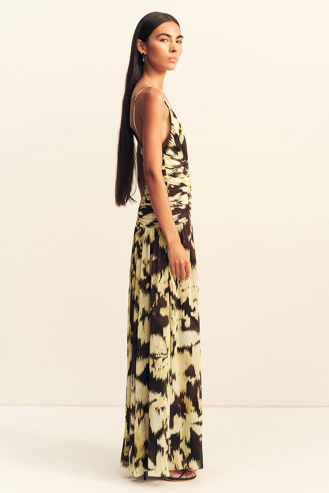 Benny Plunged Gathered Maxi Dress in Ikat Sunglow