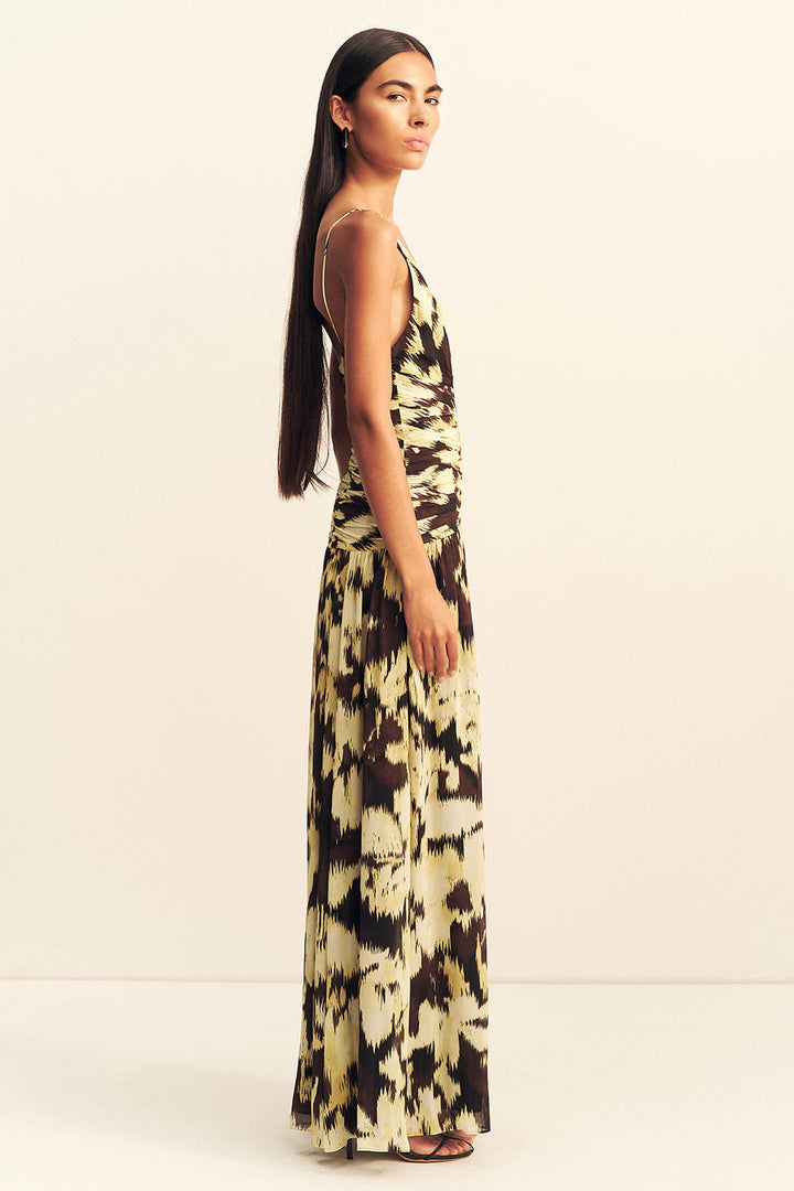 Benny Plunged Gathered Maxi Dress in Ikat Sunglow