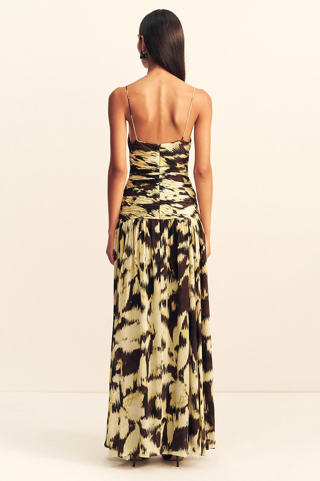 Benny Plunged Gathered Maxi Dress in Ikat Sunglow