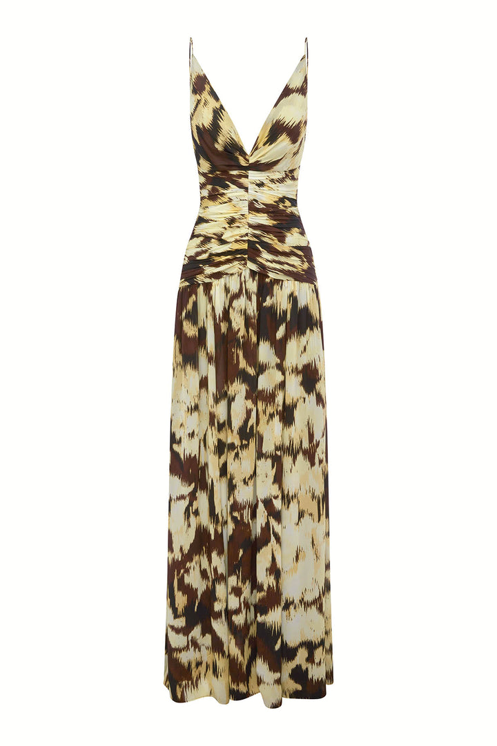Benny Plunged Gathered Maxi Dress in Ikat Sunglow