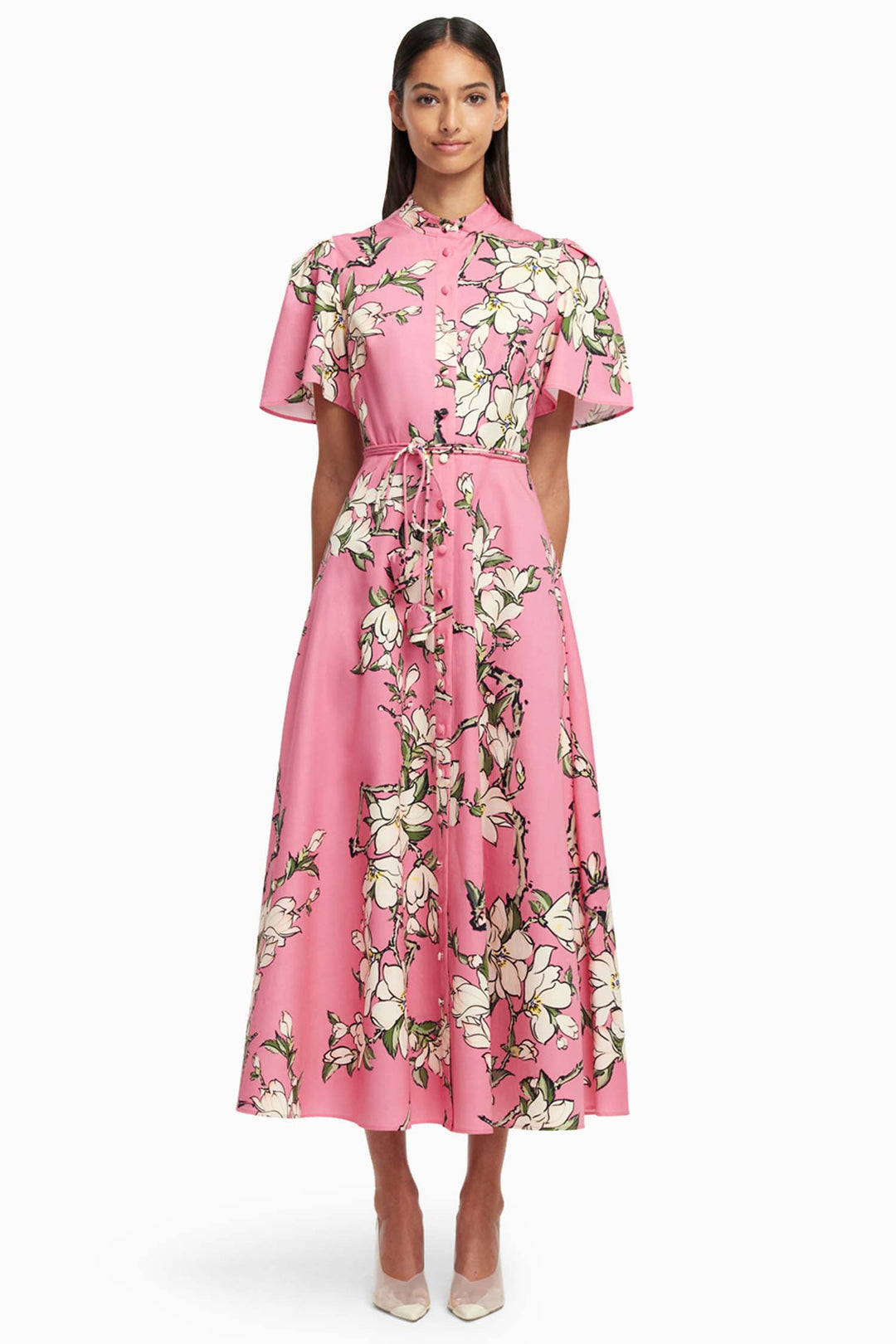 Bianca SS Midi Dress in Pink Magnolia Print