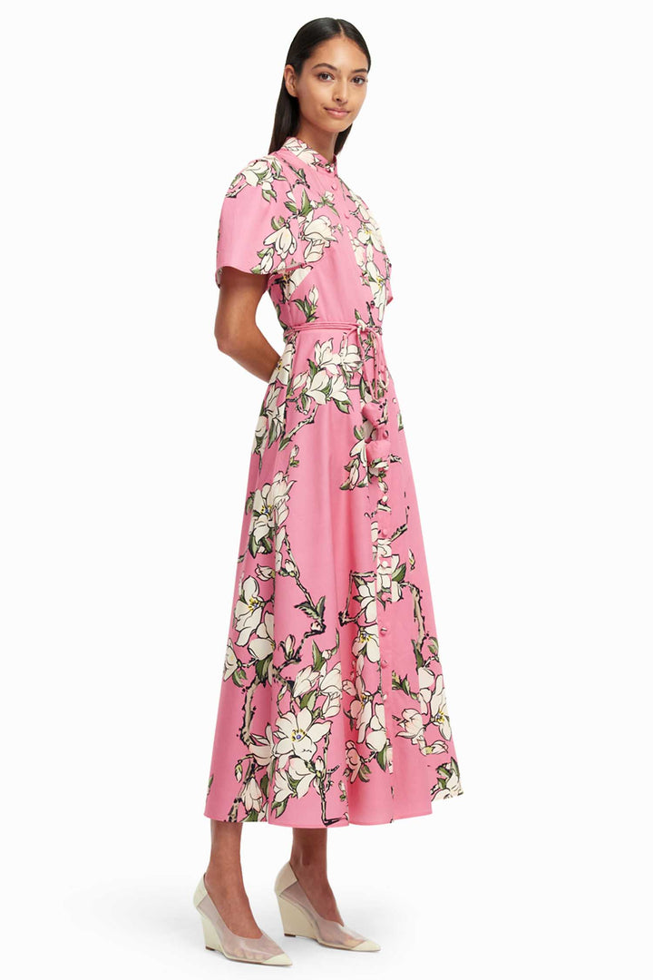 Bianca SS Midi Dress in Pink Magnolia Print
