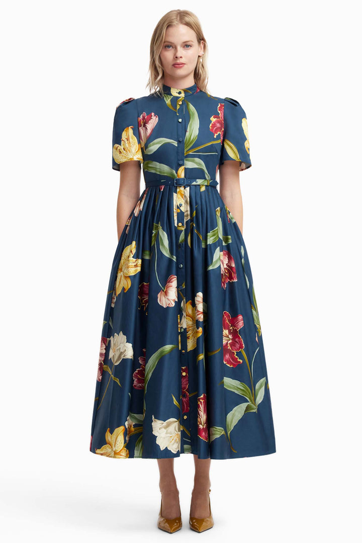 Bianca Short Sleeve Midi Dress in Lily Print in Indigo