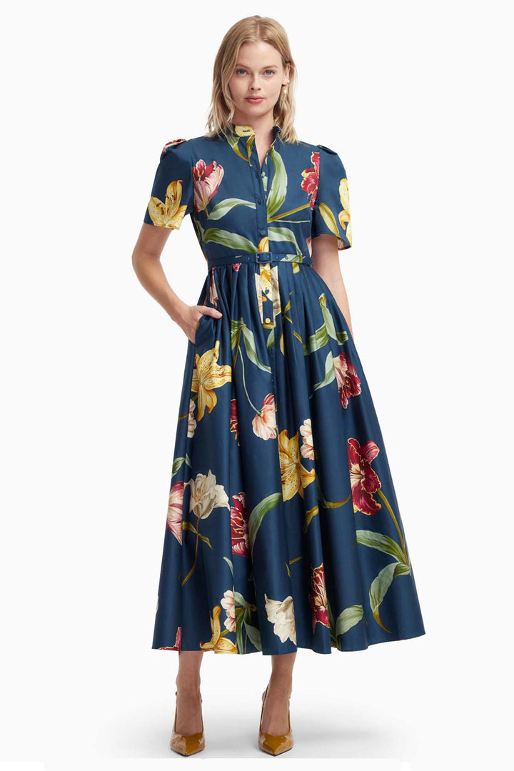 Bianca Short Sleeve Midi Dress in Lily Print in Indigo