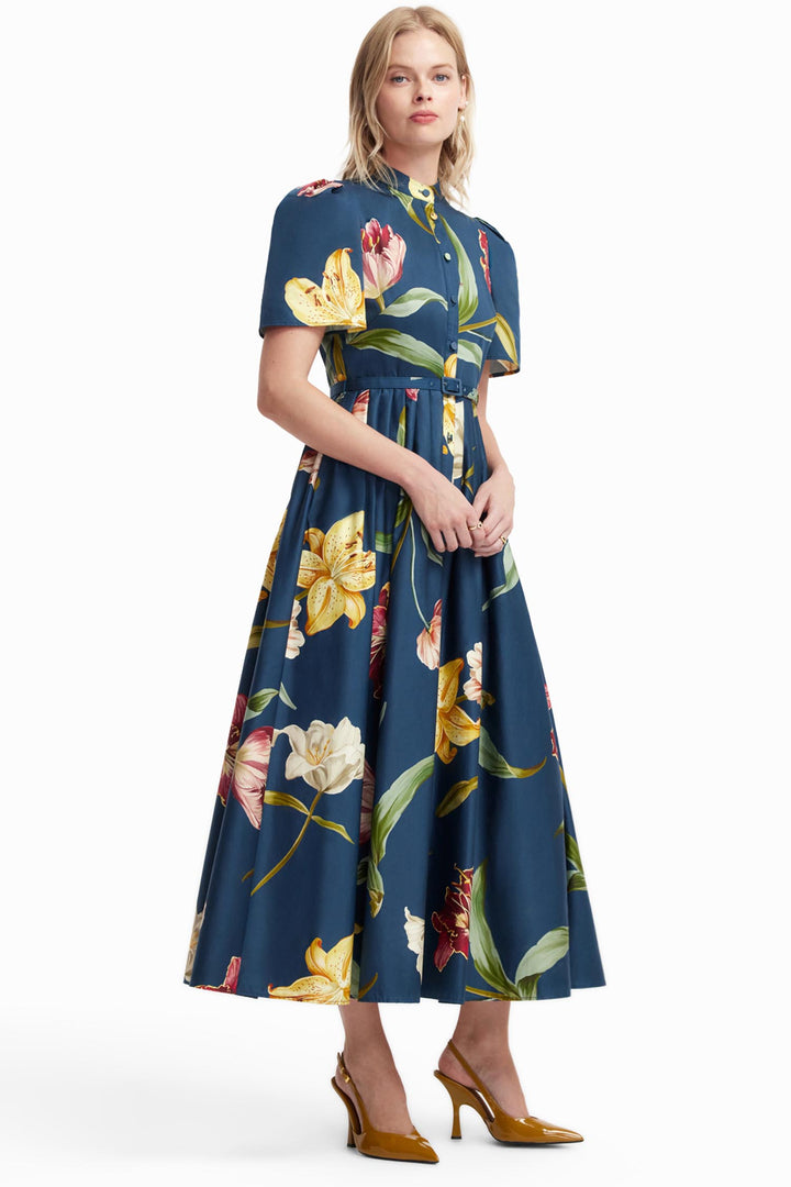 Bianca Short Sleeve Midi Dress in Lily Print in Indigo