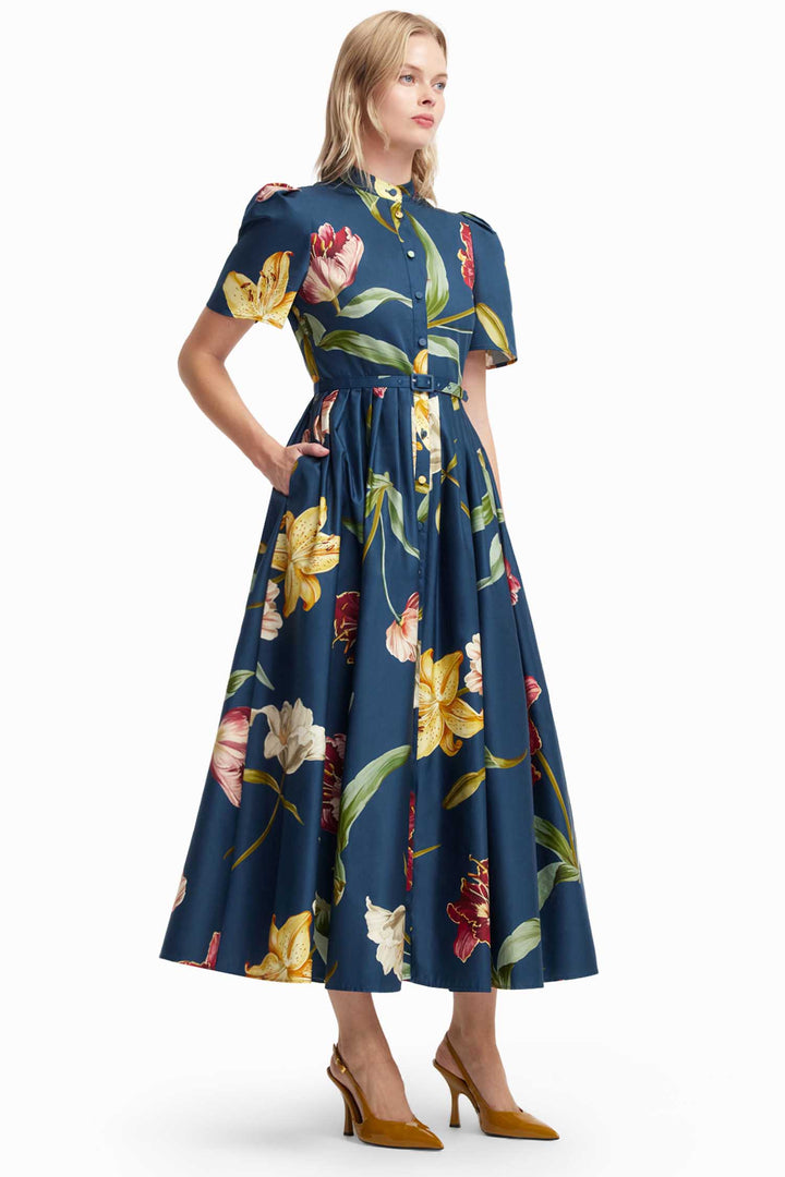 Bianca Short Sleeve Midi Dress in Lily Print in Indigo