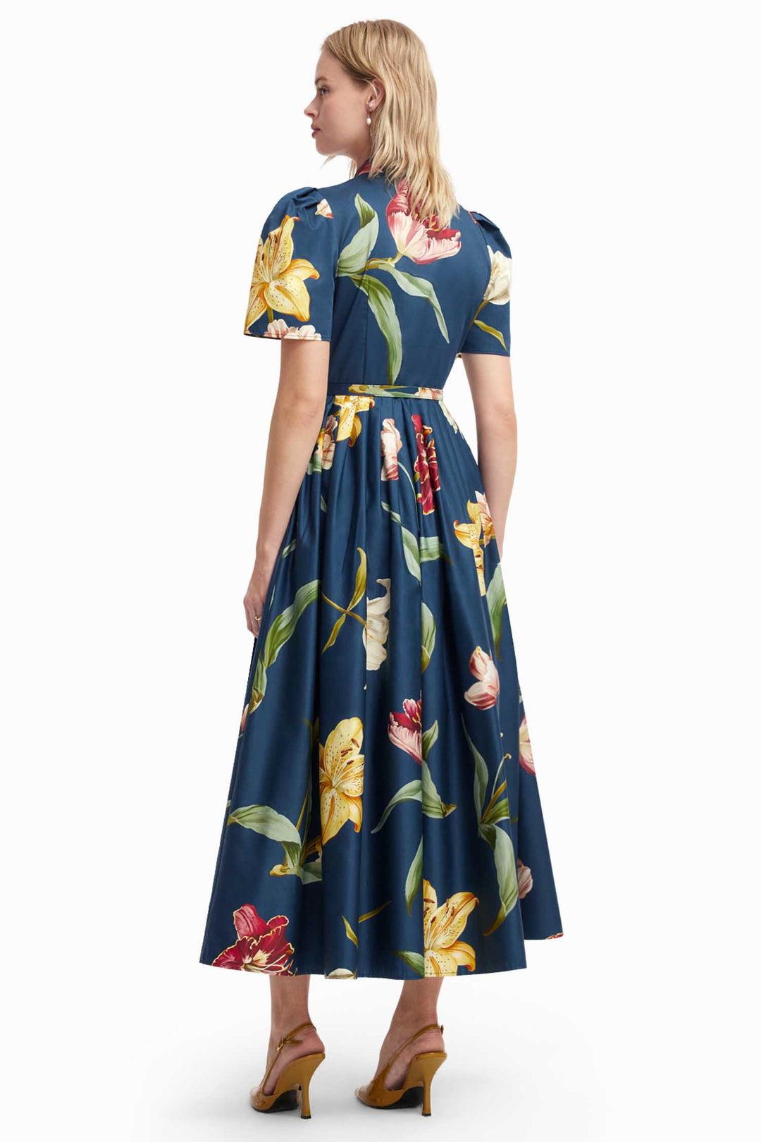 Bianca Short Sleeve Midi Dress in Lily Print in Indigo