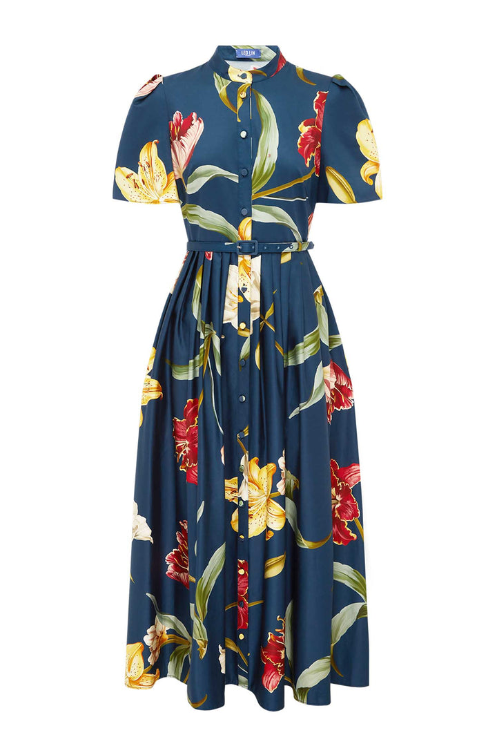 Bianca Short Sleeve Midi Dress in Lily Print in Indigo