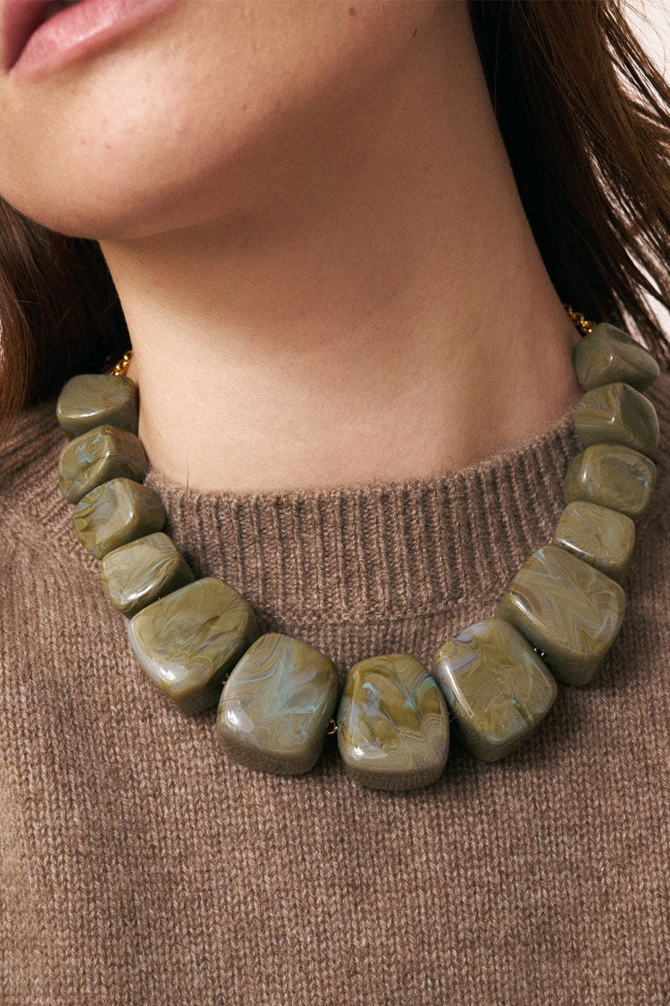Big Organic Shaped Necklace in Light Olive Marble