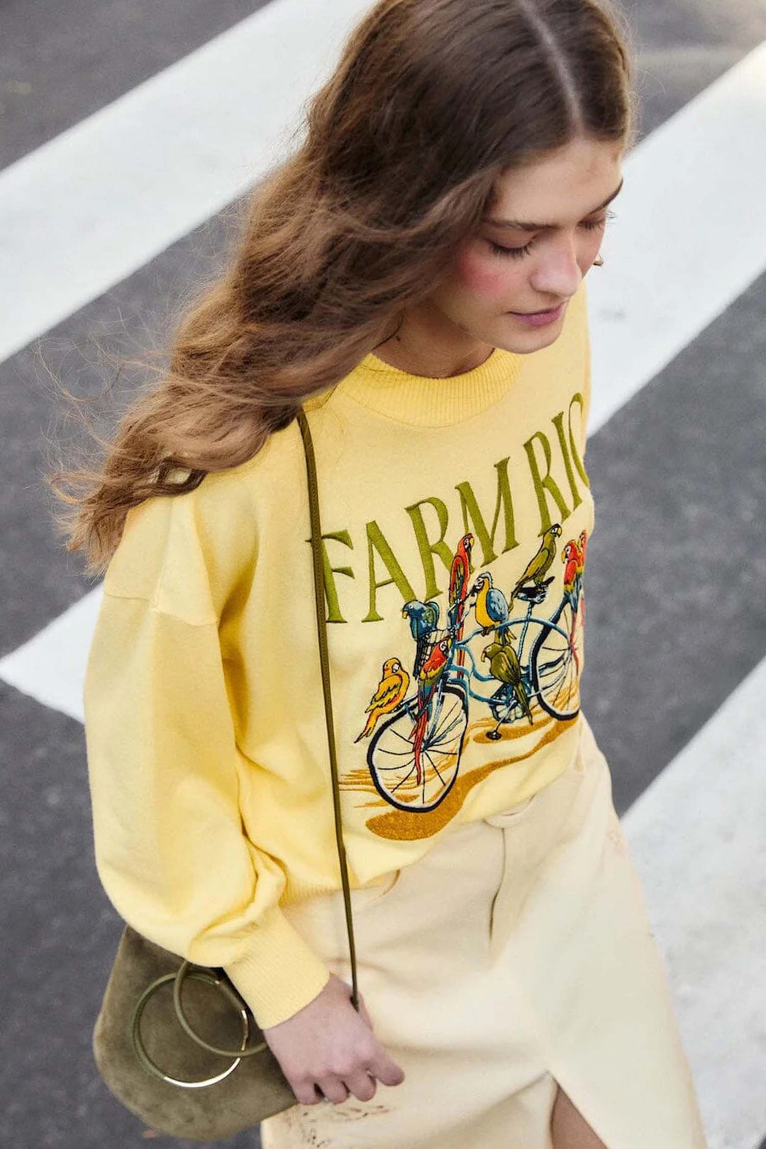 Birds Bicycle Embroidery Sweater in Yellow