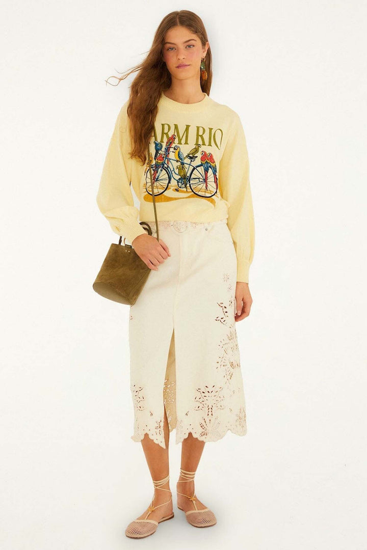 Birds Bicycle Embroidery Sweater in Yellow
