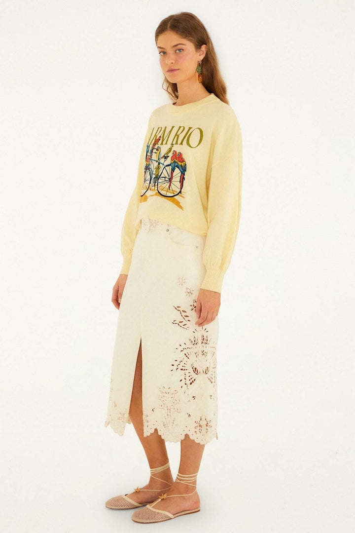 Birds Bicycle Embroidery Sweater in Yellow