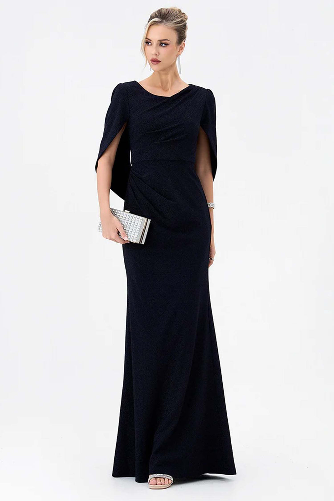 Blanca Cape Fishtail Maxi Dress in Navy
