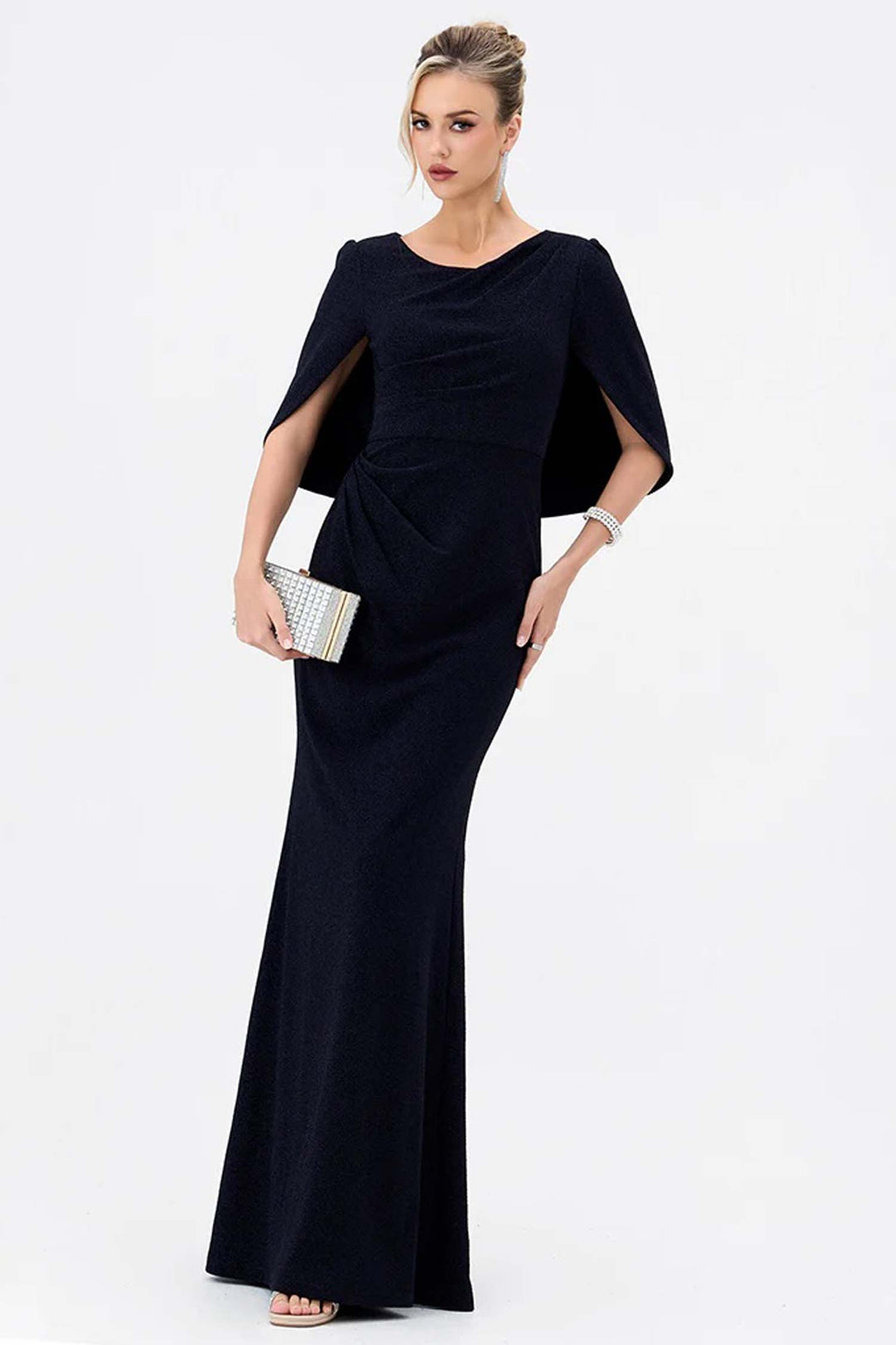 Blanca Cape Fishtail Maxi Dress in Navy