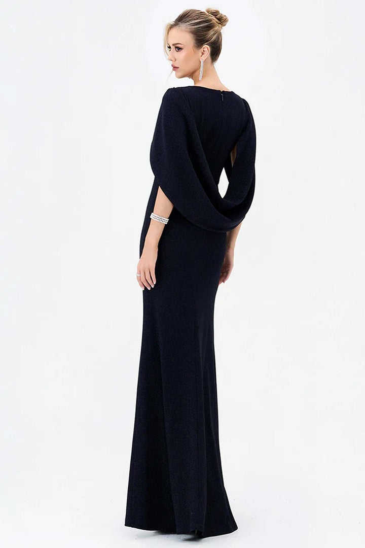 Blanca Cape Fishtail Maxi Dress in Navy