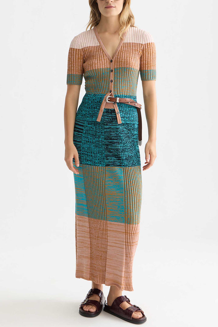 Block Stripe Rib S/S Cardigan in Tahitian Teal