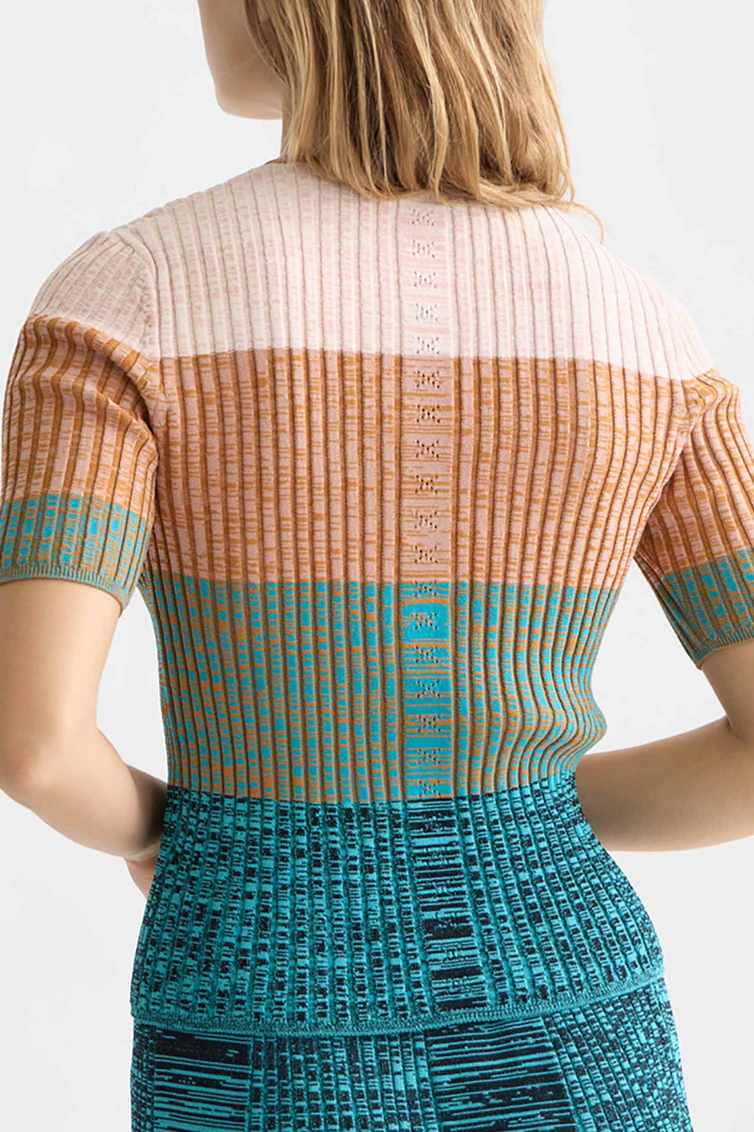 Block Stripe Rib S/S Cardigan in Tahitian Teal
