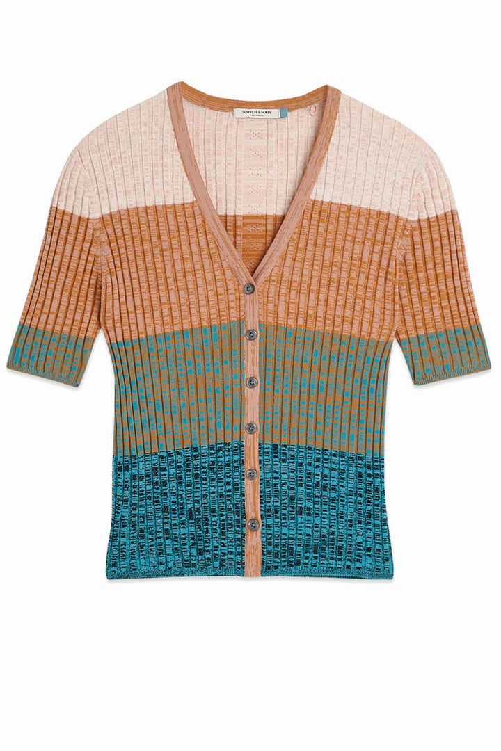Block Stripe Rib S/S Cardigan in Tahitian Teal