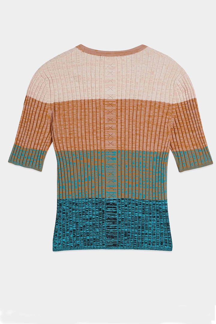 Block Stripe Rib S/S Cardigan in Tahitian Teal