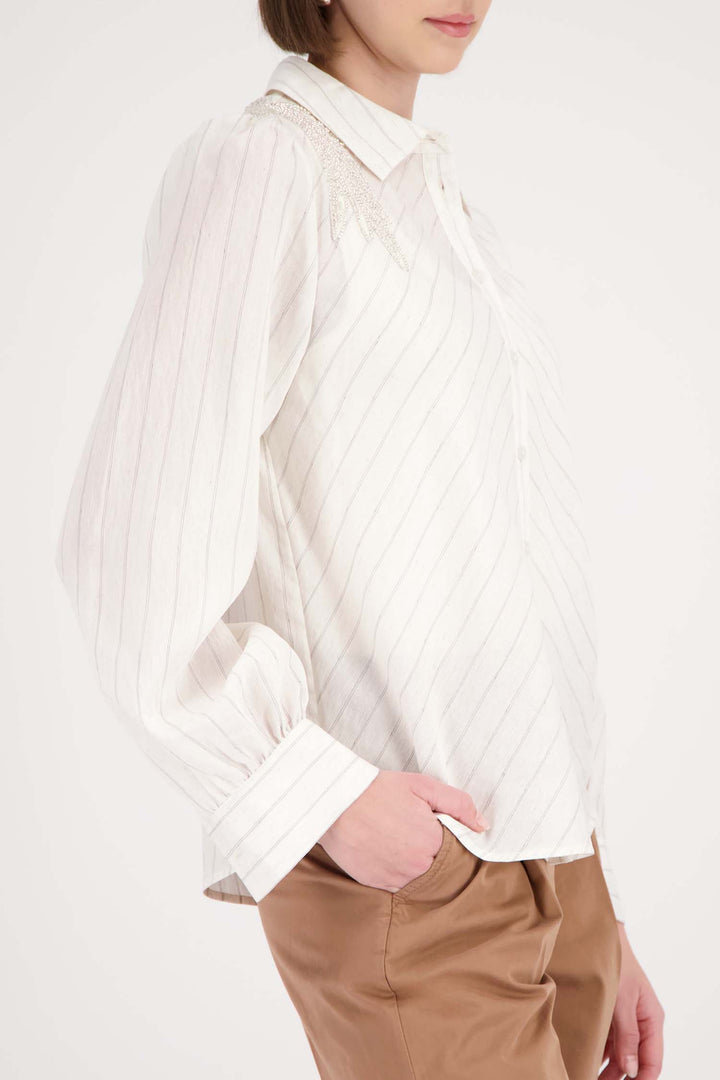 Blouse w Stripes and Embroidery in Marble Pinstripe