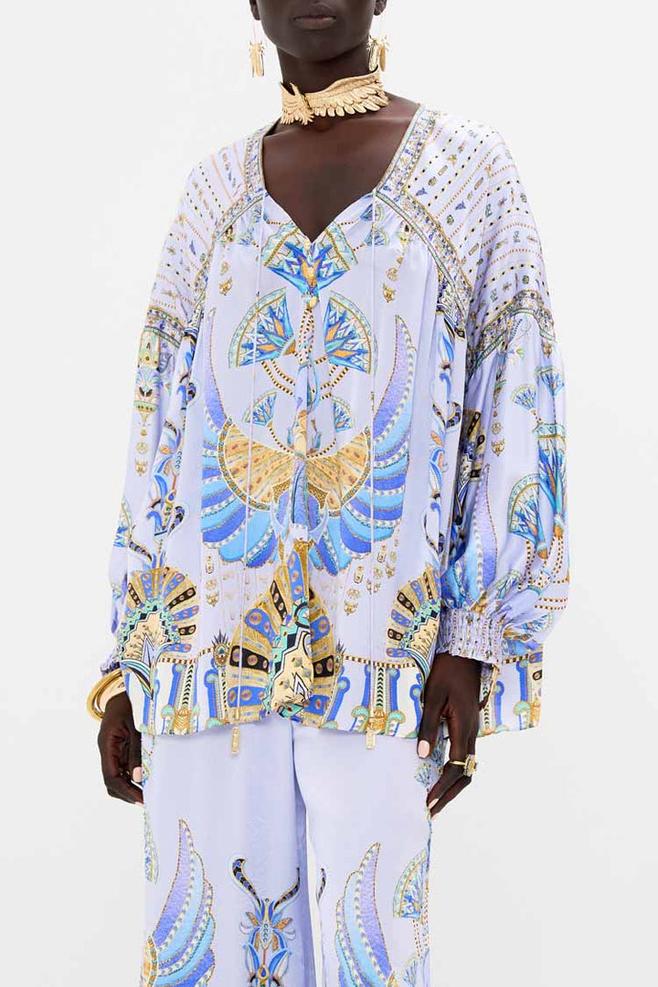 Blouson Blouse w Neck Tie in Under Scarab Skies | FINAL SALE