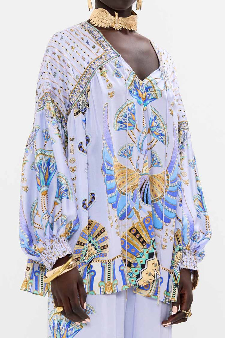 Blouson Blouse w Neck Tie in Under Scarab Skies | FINAL SALE