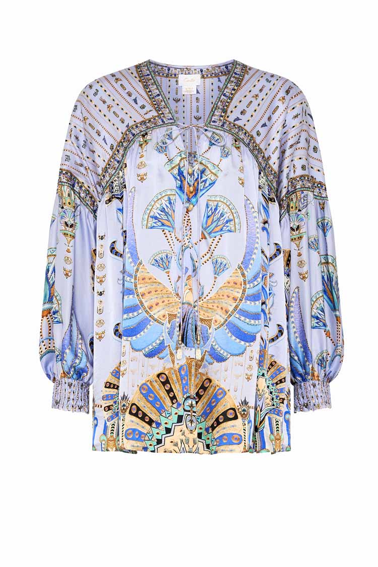 Blouson Blouse w Neck Tie in Under Scarab Skies | FINAL SALE