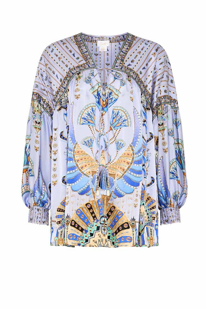 Blouson Blouse w Neck Tie in Under Scarab Skies | FINAL SALE