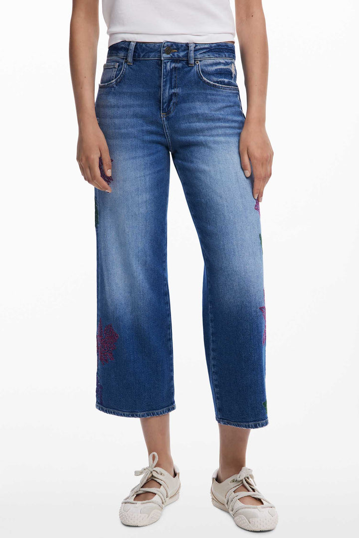 Botanic Embroidered Culotte Jean in Denim Medium Wash