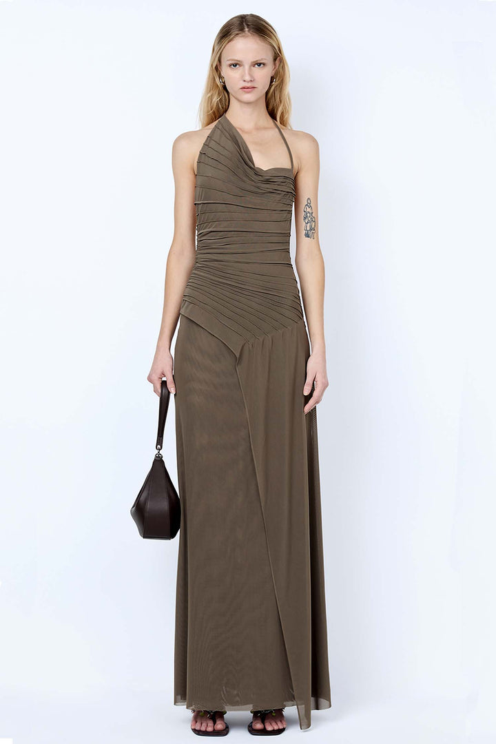 Brenna Pintuck Maxi Dress in Khaki