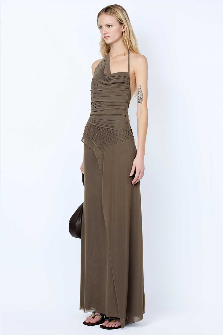 Brenna Pintuck Maxi Dress in Khaki