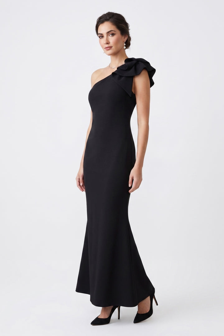Caddy Long Frill Dress in Black