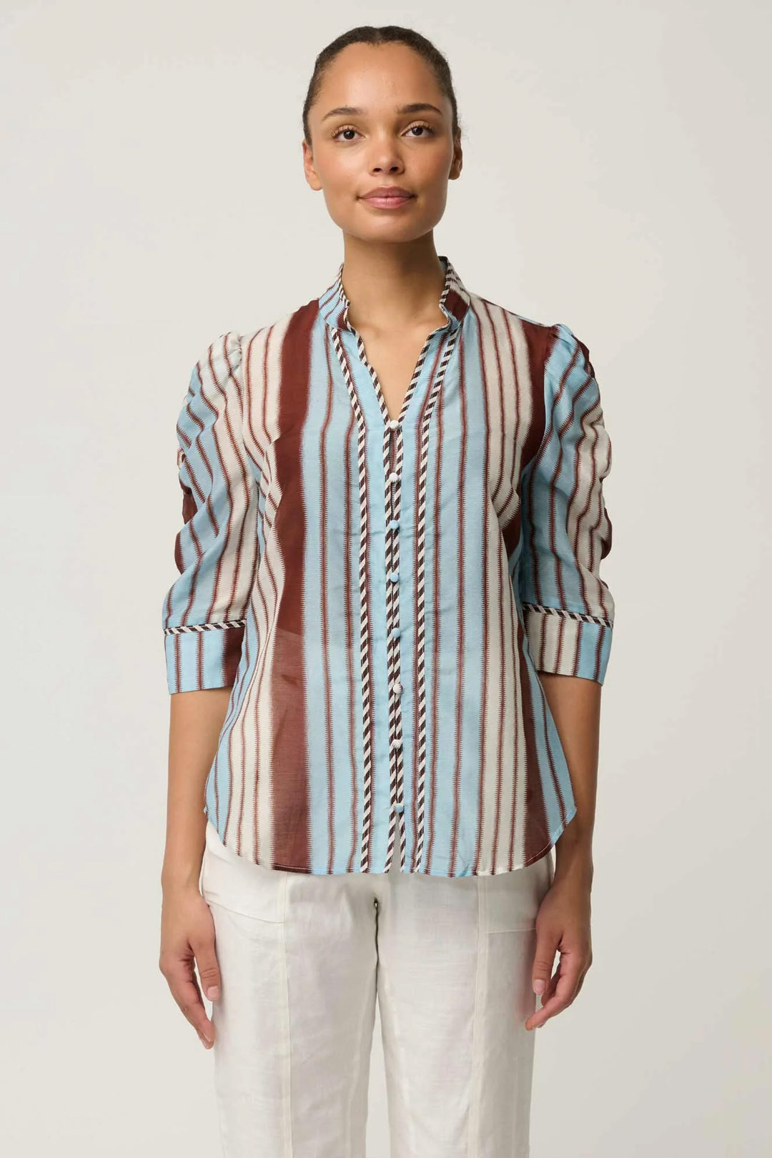 Calantha Contrast Trim Ruched Shirt in Iridescent Stripe