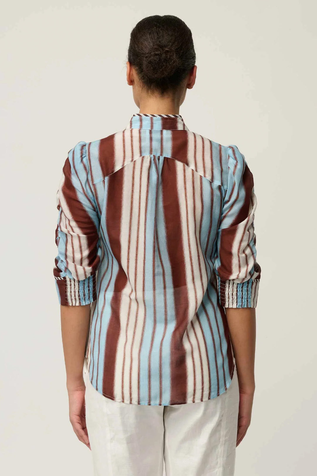 Calantha Contrast Trim Ruched Shirt in Iridescent Stripe