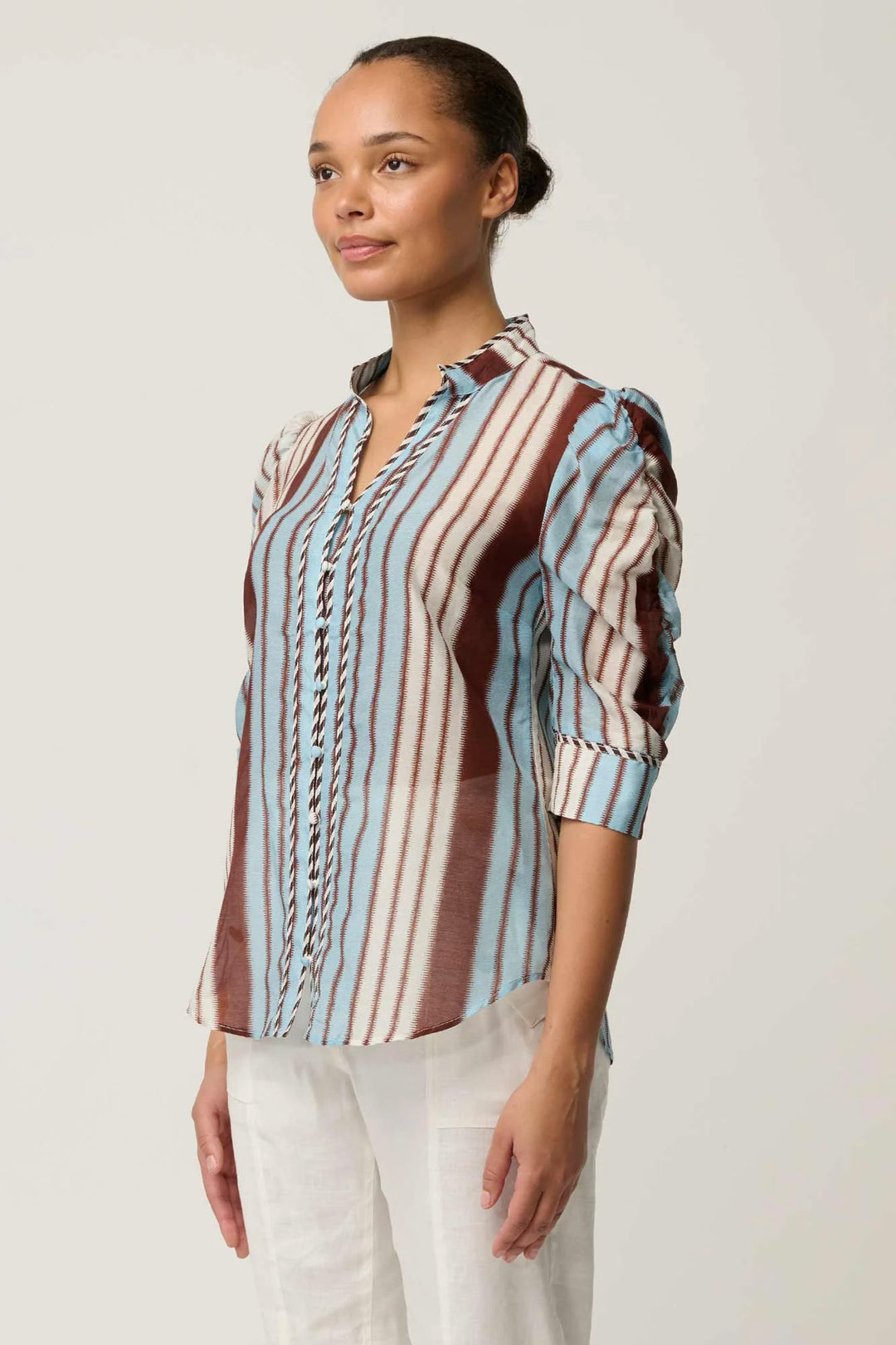 Calantha Contrast Trim Ruched Shirt in Iridescent Stripe