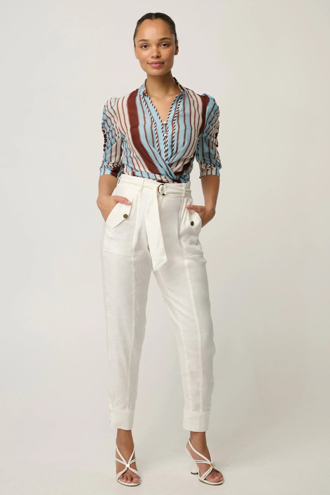 Calantha Contrast Trim Ruched Shirt in Iridescent Stripe