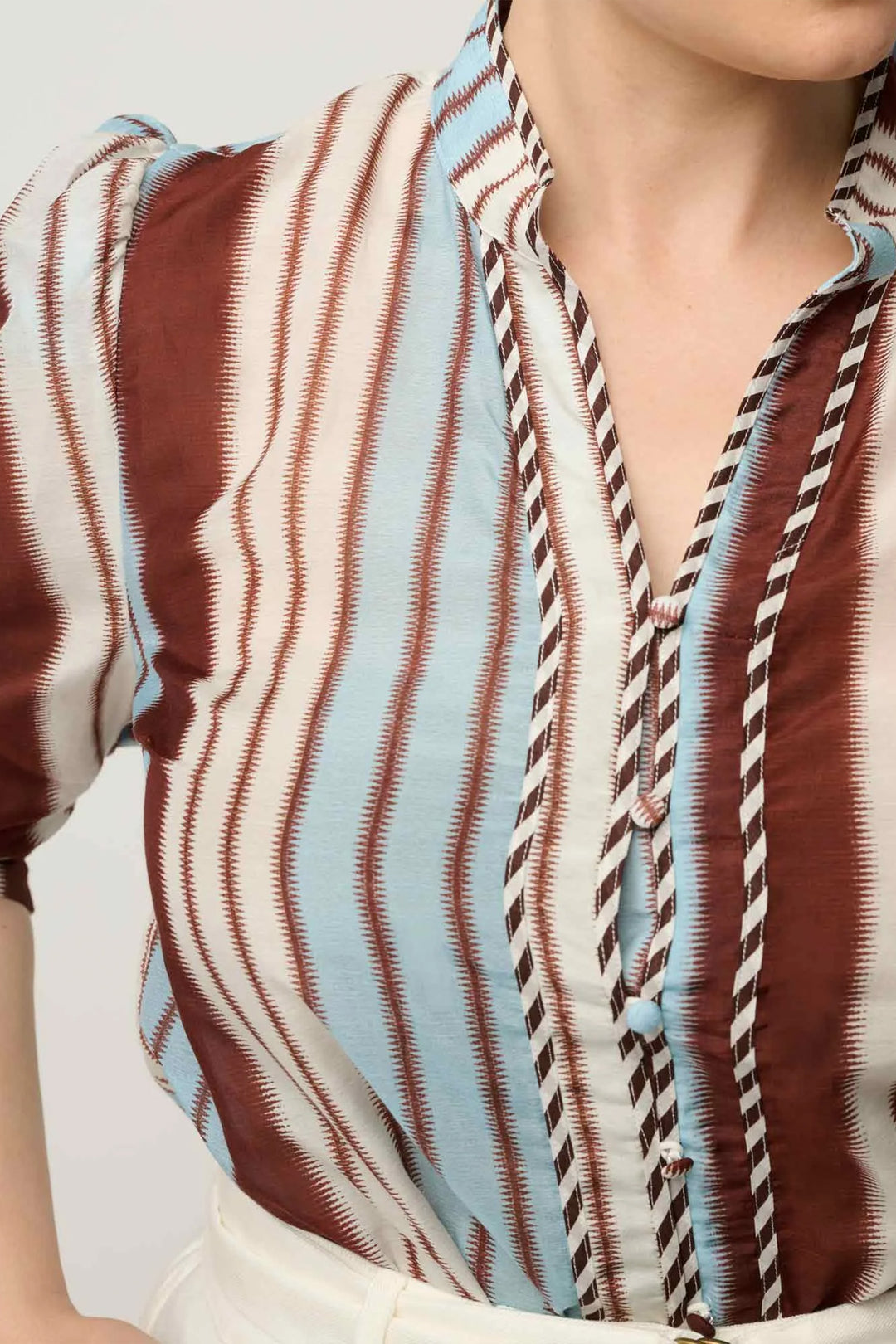 Calantha Contrast Trim Ruched Shirt in Iridescent Stripe