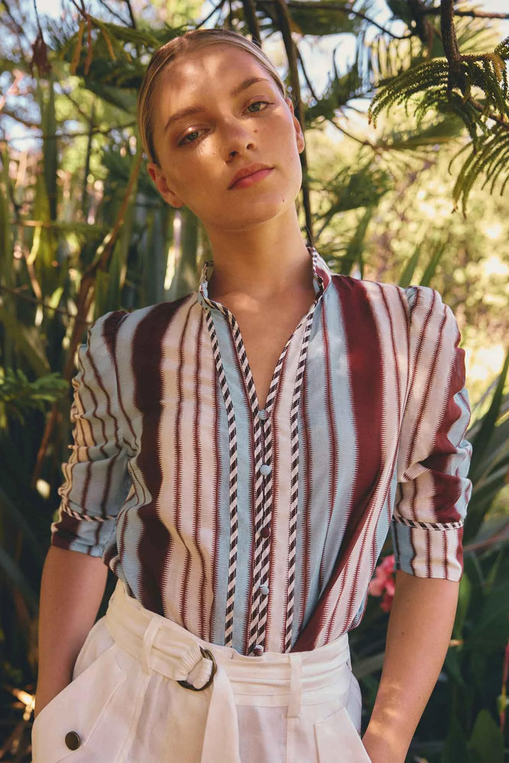 Calantha Contrast Trim Ruched Shirt in Iridescent Stripe