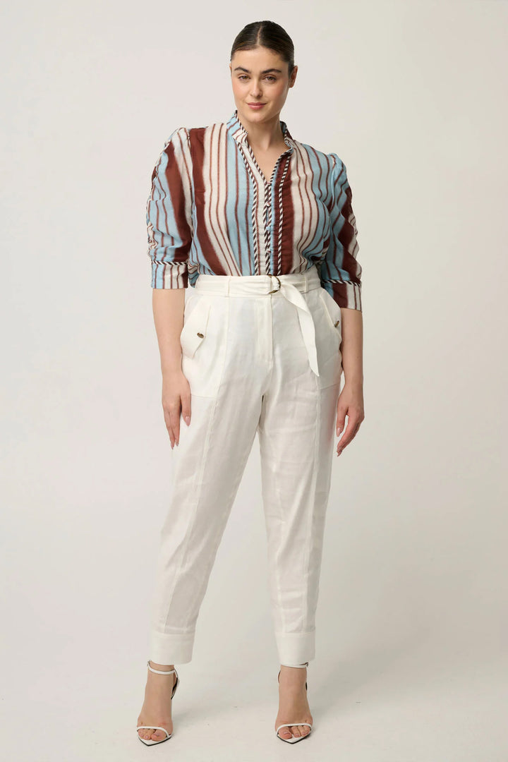 Calantha Contrast Trim Ruched Shirt in Iridescent Stripe