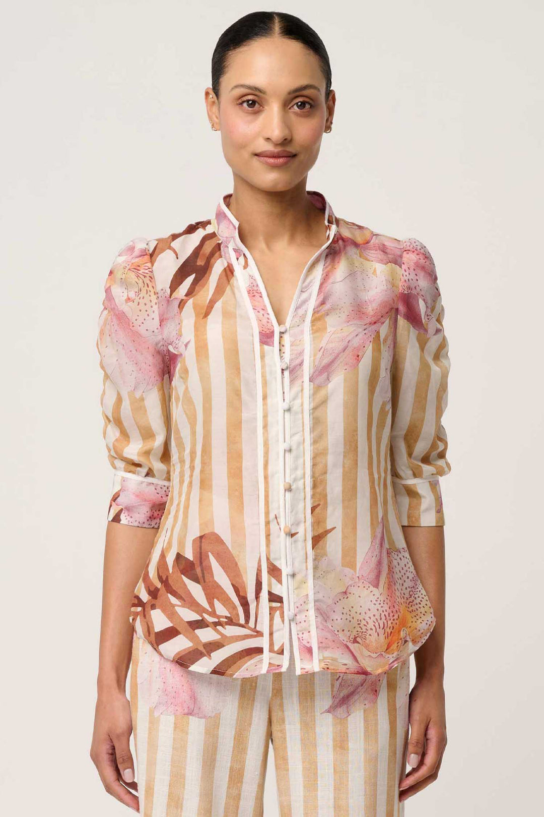 Calantha Ruched Sleeve Shirt in Golden Promenade