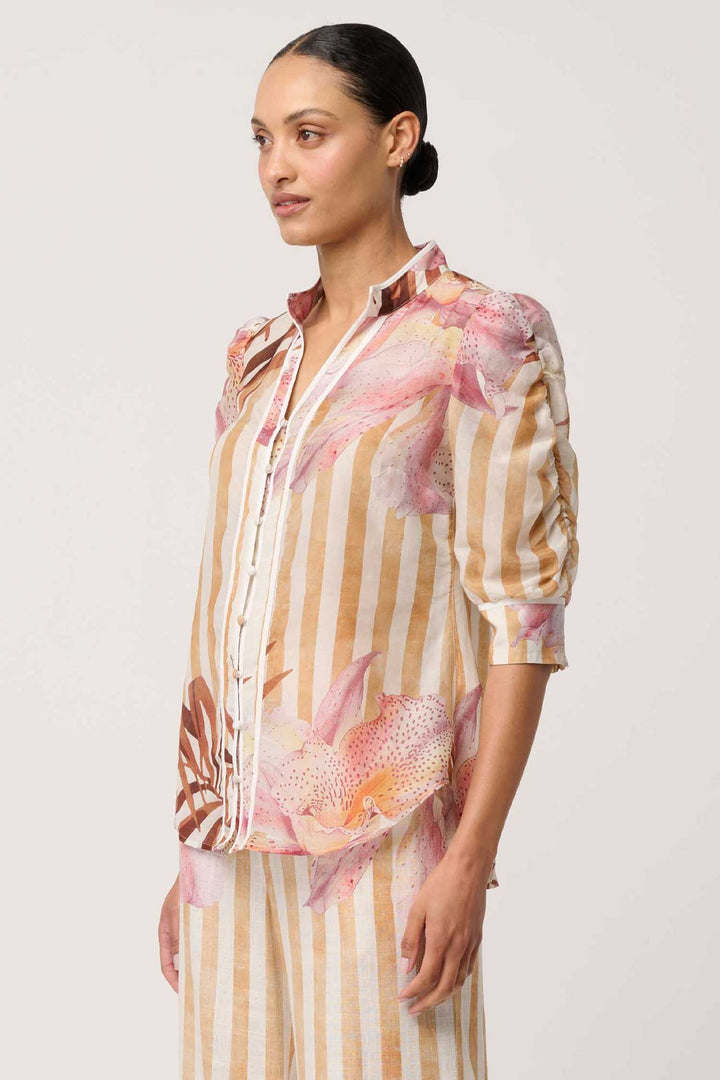 Calantha Ruched Sleeve Shirt in Golden Promenade