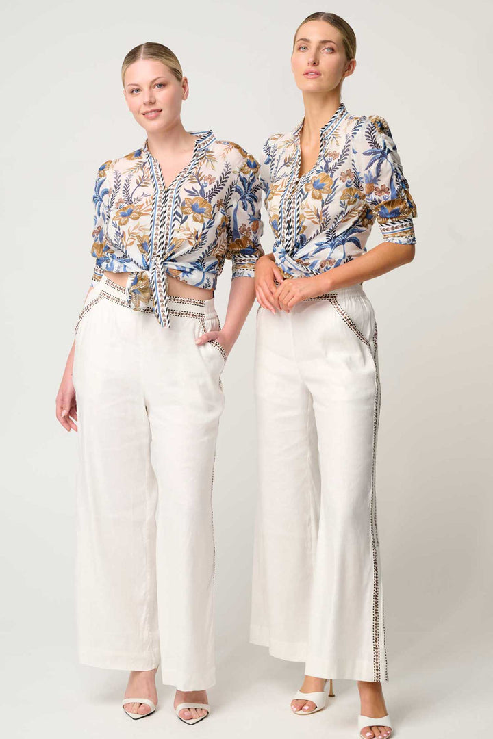 Calantha Contrast Trim Ruched Sleeve Shirt in Golden Medina