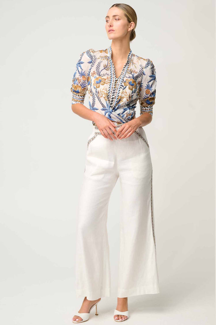 Calantha Contrast Trim Ruched Sleeve Shirt in Golden Medina